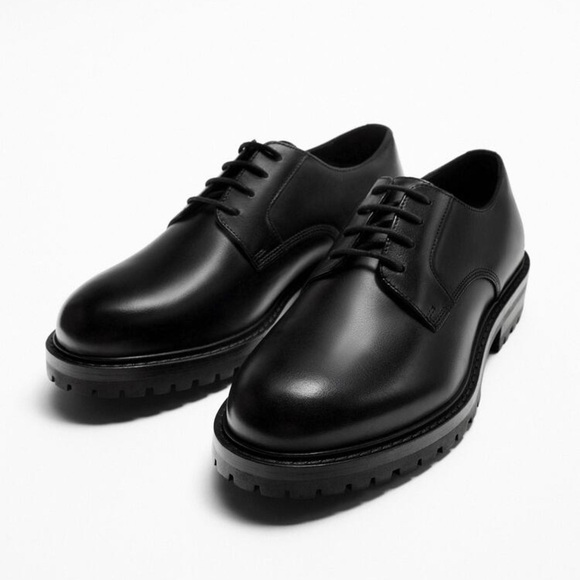 NWT. Zara Black Leather Thick Sole Laced Derby Shoes. Size 10. main image 4